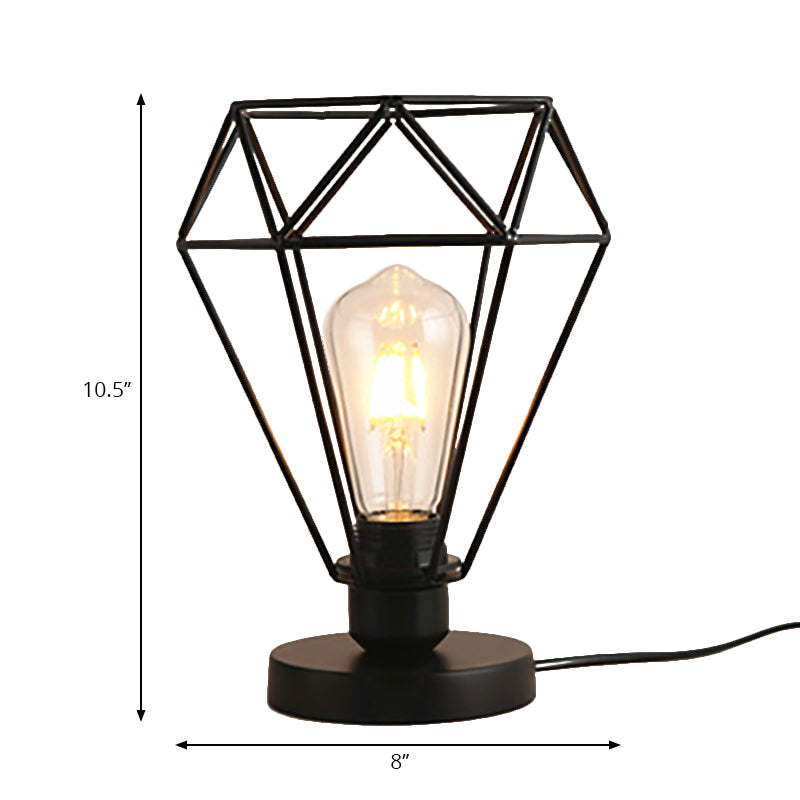 Industrial Style Wire Guard Table Lamp with Diamond Shade 1 Head Metallic Table Lighting in Black