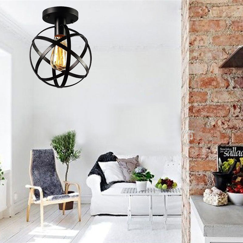 Metal Spherical Semi Flush Light with Cage Shade Loft Industrial 1 Light Living Room Ceiling Lamp in Black