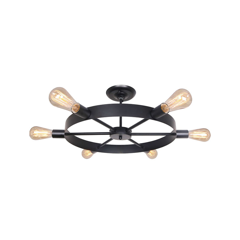 Rudder Restaurant Semi Flush Mount Light with Bare Bulb Vintage Style 6 Bulbs Dining Room Ceiling Light in Black