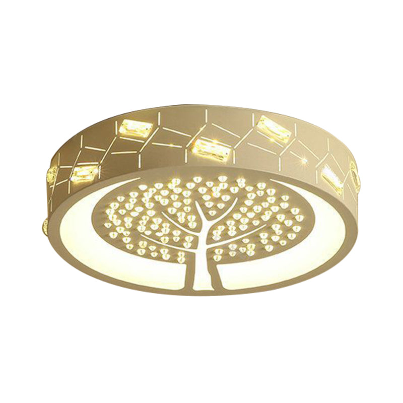 Tree Pattern Round Flush Mount Light Contemporary Metal LED Living Room Ceiling Lighting with Crystal Bead in White/Warm Light