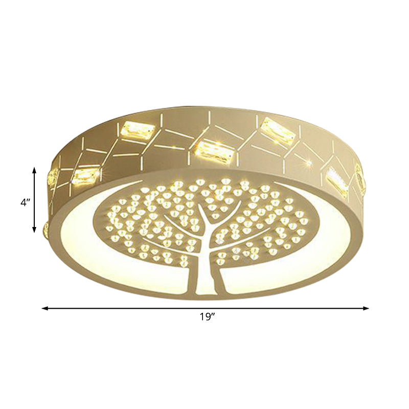 Boompatroon Ronde Flush Mount Licht Hedendaagse Metalen LED Woonkamer Plafondverlichting met Kristal Kraal in Wit/Warm Licht