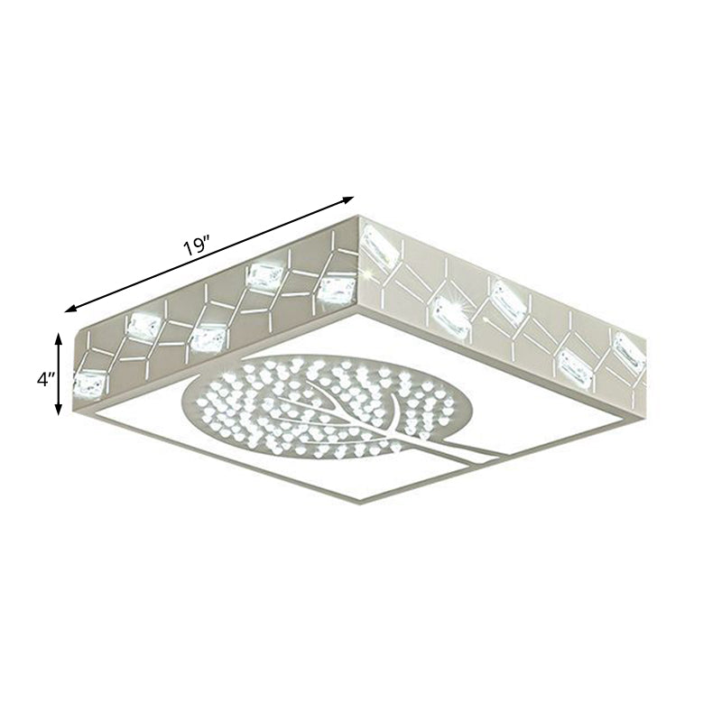 Quadratische Box-Unterputzbeleuchtung, nordische LED-Schlafzimmer-Deckenleuchte aus Metall mit Kristallperle in Weiß/warmem Licht mit Baummuster