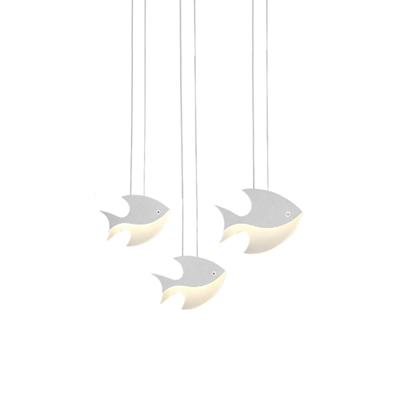 Metal Pendant Light White, Linear Hanging Fixture with Cord And Fish Design for Kids Bedroom Modern Style