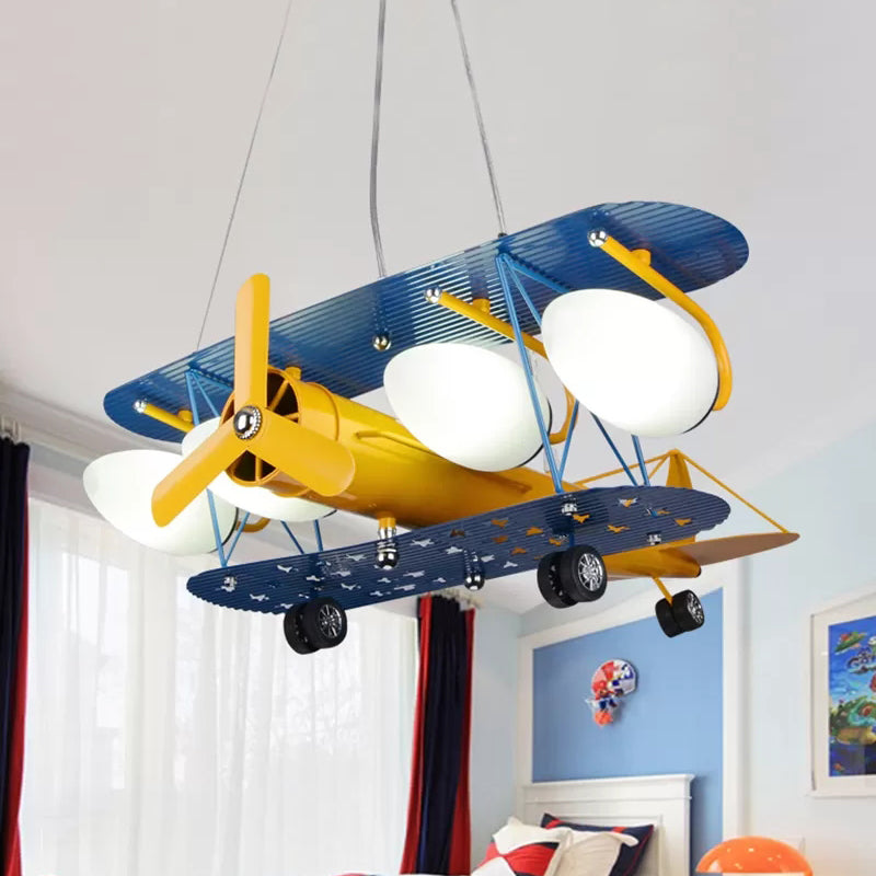 Chandeliers for Bedroom Boys, Hanging Pendant Light in Blue with Milk Glass Shade & Biplane Design Modern