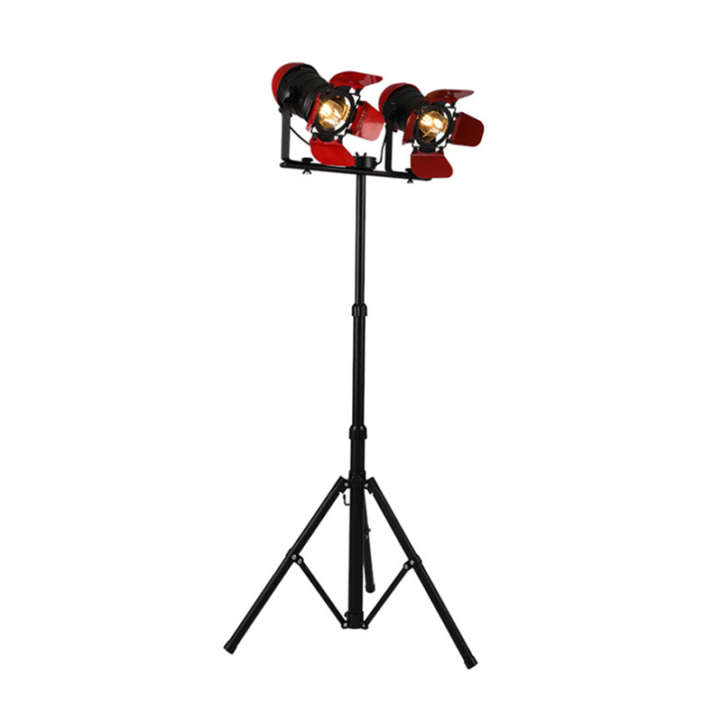 2 Light Floor Lamp Retro Industrial Tripod Design Metallic Standing Floor Light in Red for Studio