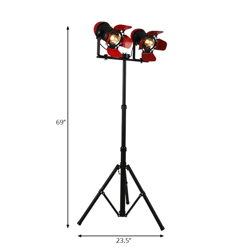 2 Light Floor Lamp Retro Industrial Tripod Design Metallic Standing Floor Light in Red for Studio