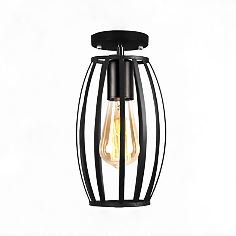 Barn/Oval Restaurant Semi Flush Mount Light with Cage Shade Farmhouse Metal 1 Light Black Ceiling Light Fixture