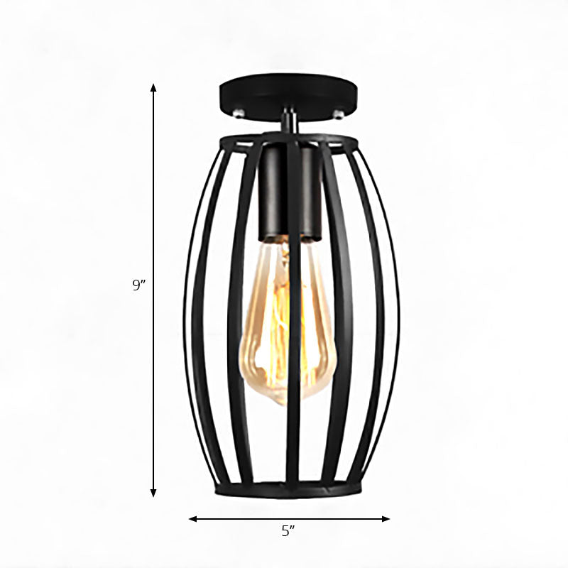 Barn/Oval Restaurant Semi Flush Mount Light with Cage Shade Farmhouse Metal 1 Light Black Ceiling Light Fixture