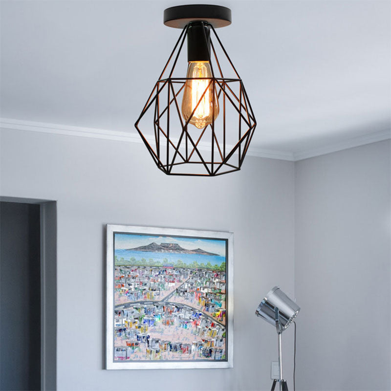 Retro Stylish Geometric Cage Ceiling Light 1 Bulb Iron Semi Flush Mount Light with Square/Rhombus Design in Black for Restaurant