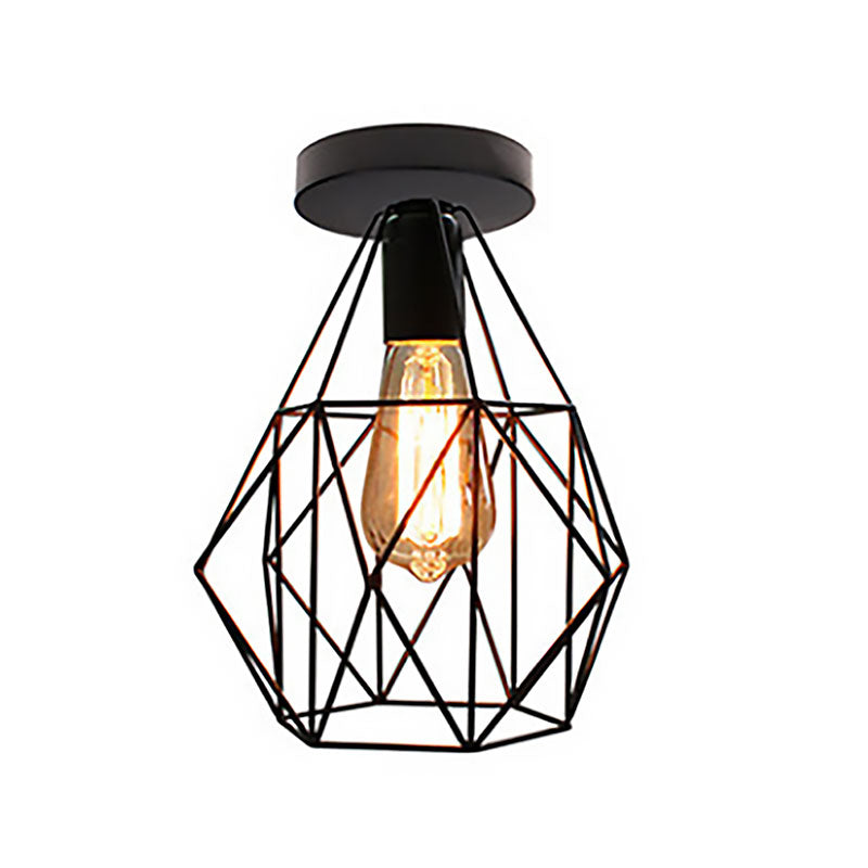 Retro Stylish Geometric Cage Ceiling Light 1 Bulb Iron Semi Flush Mount Light with Square/Rhombus Design in Black for Restaurant