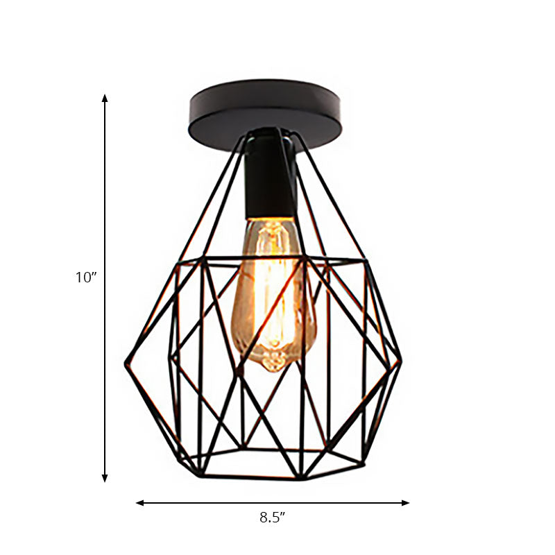 Retro Stylish Geometric Cage Ceiling Light 1 Bulb Iron Semi Flush Mount Light with Square/Rhombus Design in Black for Restaurant