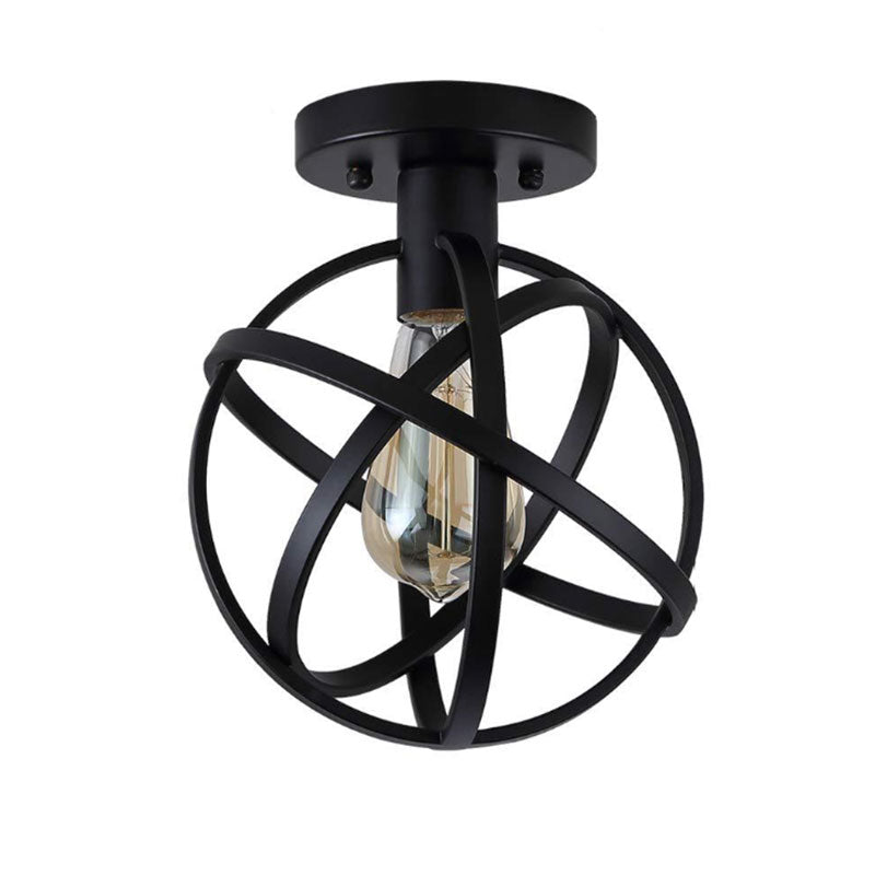 Retro Stylish Orb Cage Ceiling Fixture 1 Bulb Metallic Semi Flush Pendant Light in Black for Balcony