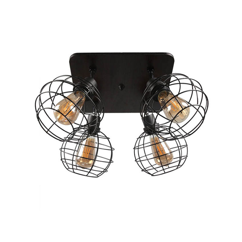 Global Cage Metal Semi Flush Mount Ceiling Light Industrial Style 4/6 Lights Dining Room Ceiling Light in Black