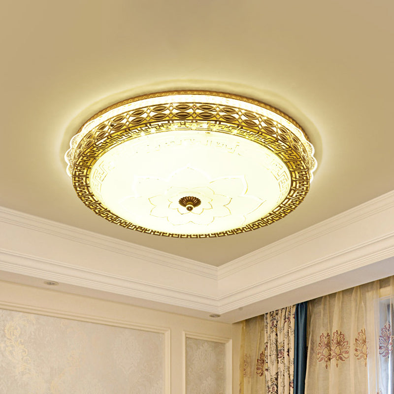 Gold LED Ceiling Fixture Antiqued Opaline Glass Pierced Drum Flush Light with Flower Pattern