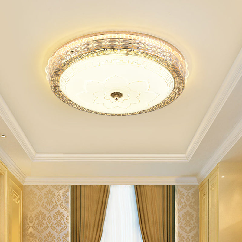 Gold LED Ceiling Fixture Antiqued Opaline Glass Pierced Drum Flush Light with Flower Pattern