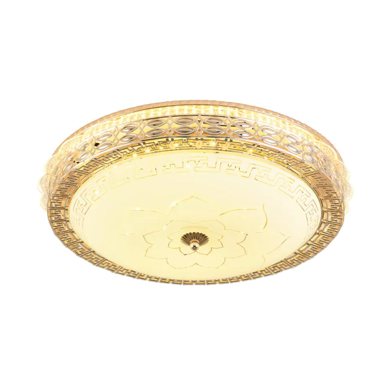 Plafond LED Gold Plafond Antiquised Verre Opaline Perced Drum Lucy avec motif de fleur