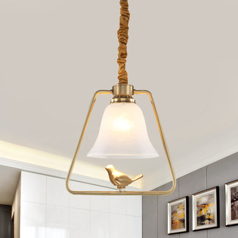 Bell Dining Hall Hanging Lamp Vintage Opal Glass Single Bulb Gold Framed Pendant Light Fixture with Bird Detail