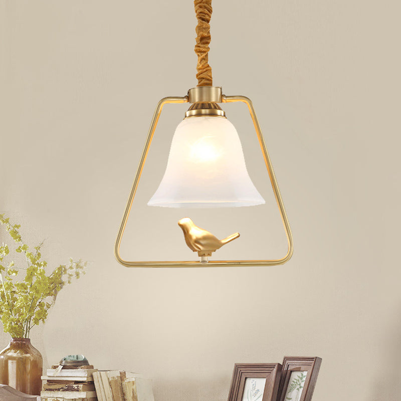 Bell Dining Hall Hanging Lamp Vintage Opal Glass Single Bulb Gold Framed Pendant Light Fixture with Bird Detail