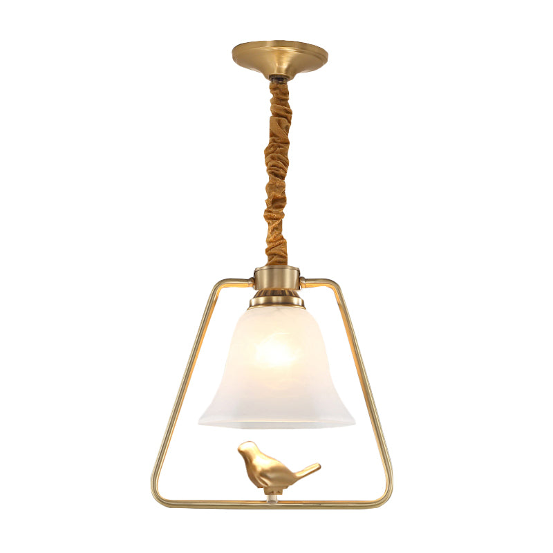 Bell Dining Hall Hanging Lamp Vintage Opal Glass Single Bulb Gold Framed Pendant Light Fixture with Bird Detail