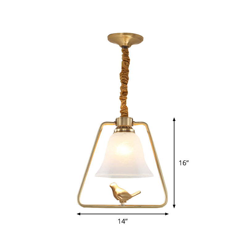 Bell Dining Hall Hanging Lamp Vintage Opal Glass Single Bulb Gold Framed Pendant Light Fixture with Bird Detail