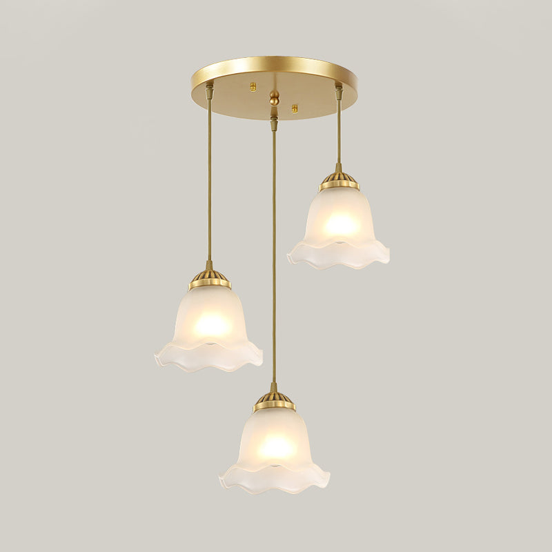 Floral Dining Room Cluster Pendant Classic Frosted Glass 3 Bulbs Gold Suspension Lighting Fixture