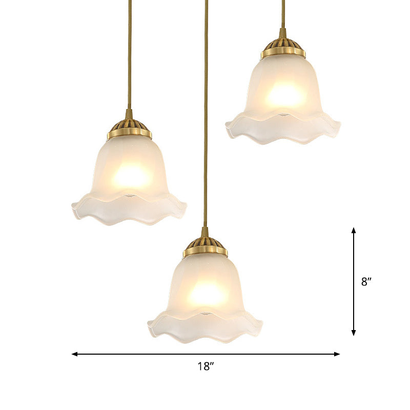 Floral Dining Room Cluster Pendant Classic Frosted Glass 3 Bulbs Gold Suspension Lighting Fixture