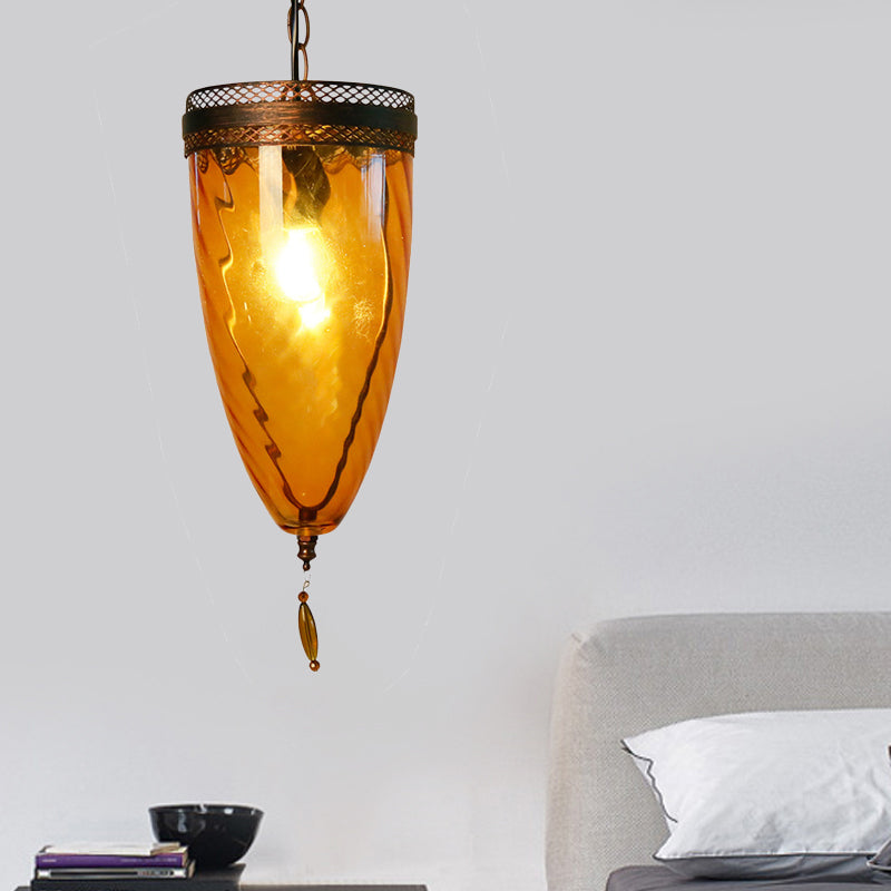 Amber Glass Black Suspension Lamp Tapered 1-Head Retro Style Chain Hanging Ceiling Light with Grid Trim