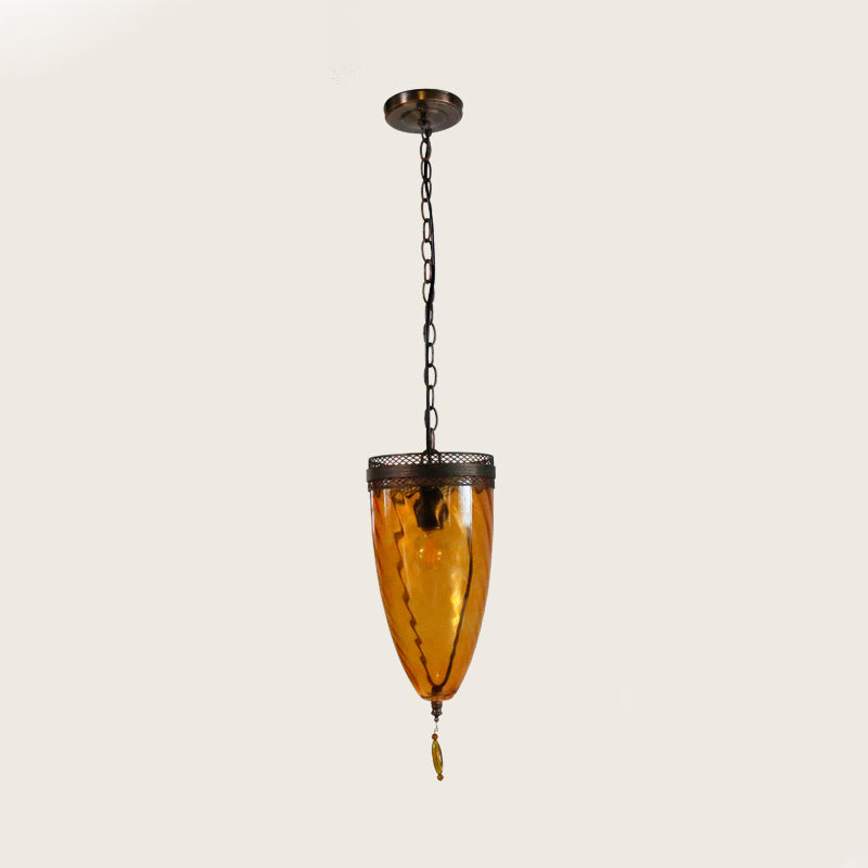 Amber Glass Black Suspension Lamp Tapered 1-Head Retro Style Chain Hanging Ceiling Light with Grid Trim