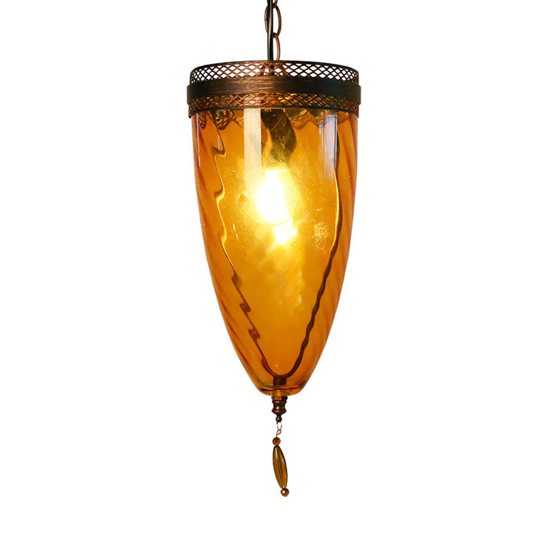 Amber Glass Black Suspension Lamp Tapered 1-Head Retro Style Chain Hanging Ceiling Light with Grid Trim