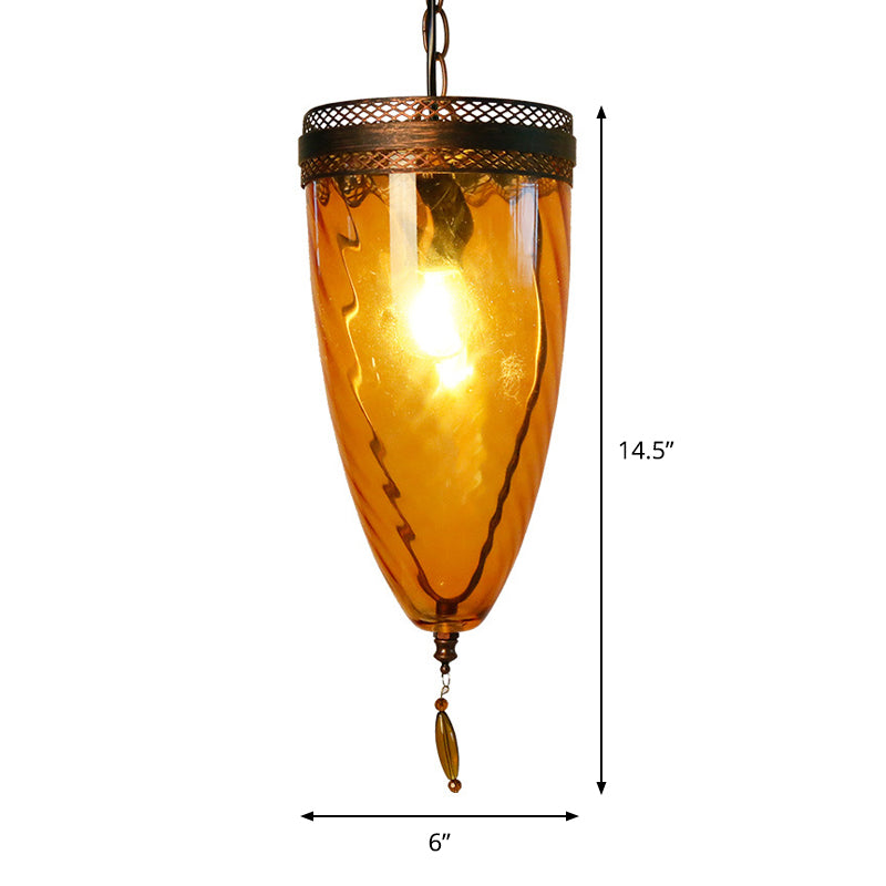 Amber Glass Black Suspension Lamp Tapered 1-Head Retro Style Chain Hanging Ceiling Light with Grid Trim