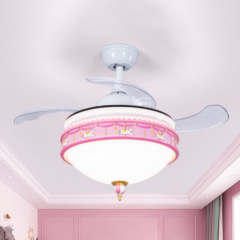 39 "W Dome Slaapkamer Semi Flush Light Metallic LED Cartoon Hangventilator Lamp in roze, 3-blade