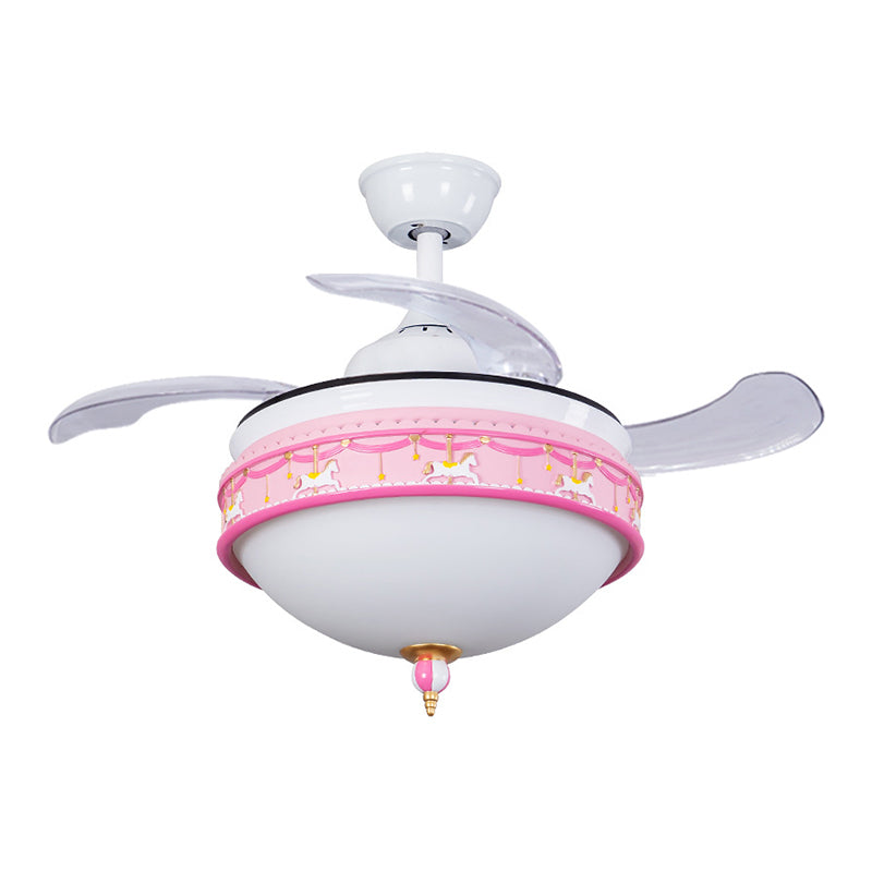 39 "W Dome Slaapkamer Semi Flush Light Metallic LED Cartoon Hangventilator Lamp in roze, 3-blade