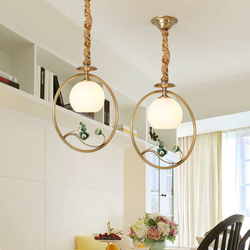 Single Head Globe Pendulum Light Traditional Gold White Glass Suspension Lamp with Ring and Lotus Decor