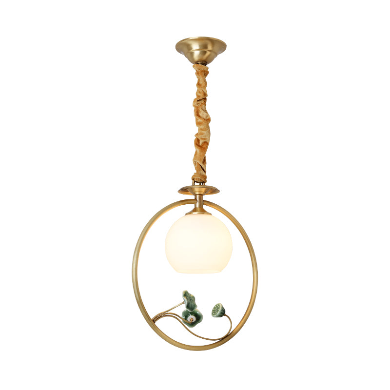 Single Head Globe Pendulum Light Traditional Gold White Glass Suspension Lamp with Ring and Lotus Decor