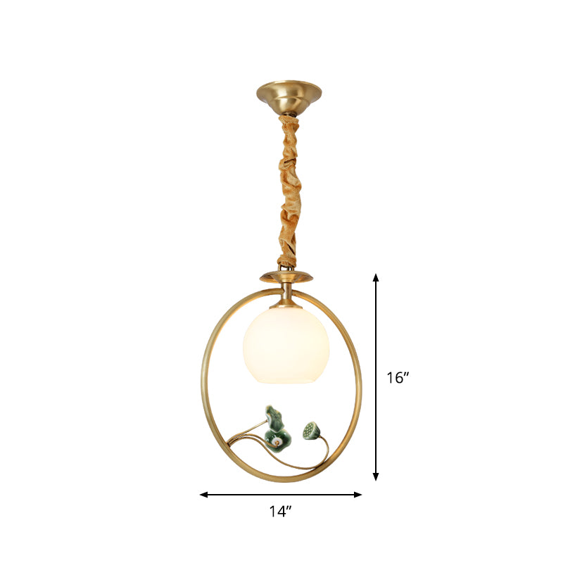 Single Head Globe Pendulum Light Traditional Gold White Glass Suspension Lamp with Ring and Lotus Decor