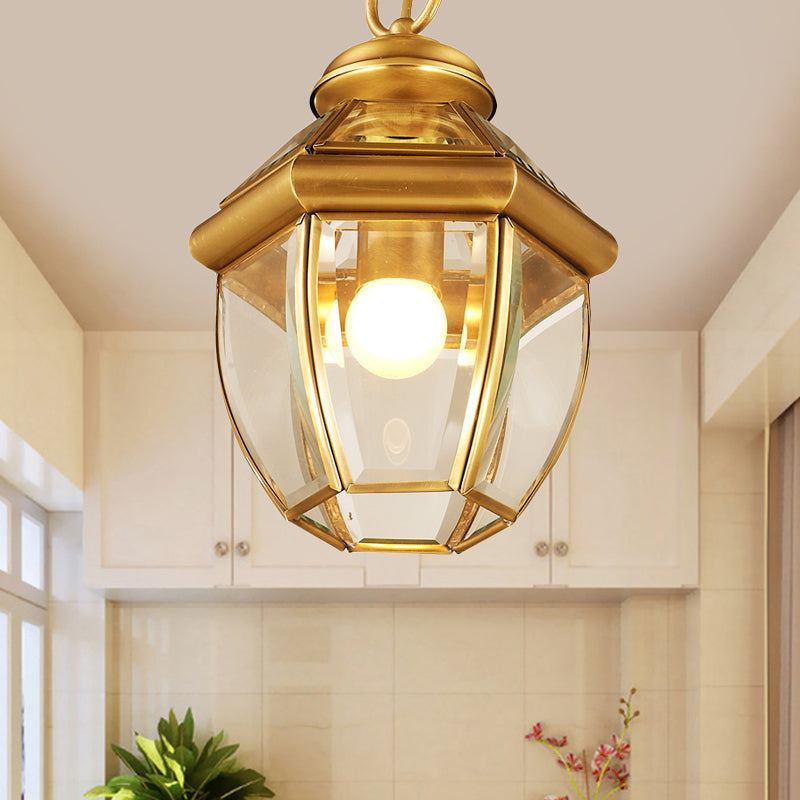 Gold Single Light Ceiling Lamp Antiqued Clear Glass Lantern Down Lighting Pendant for Corridor