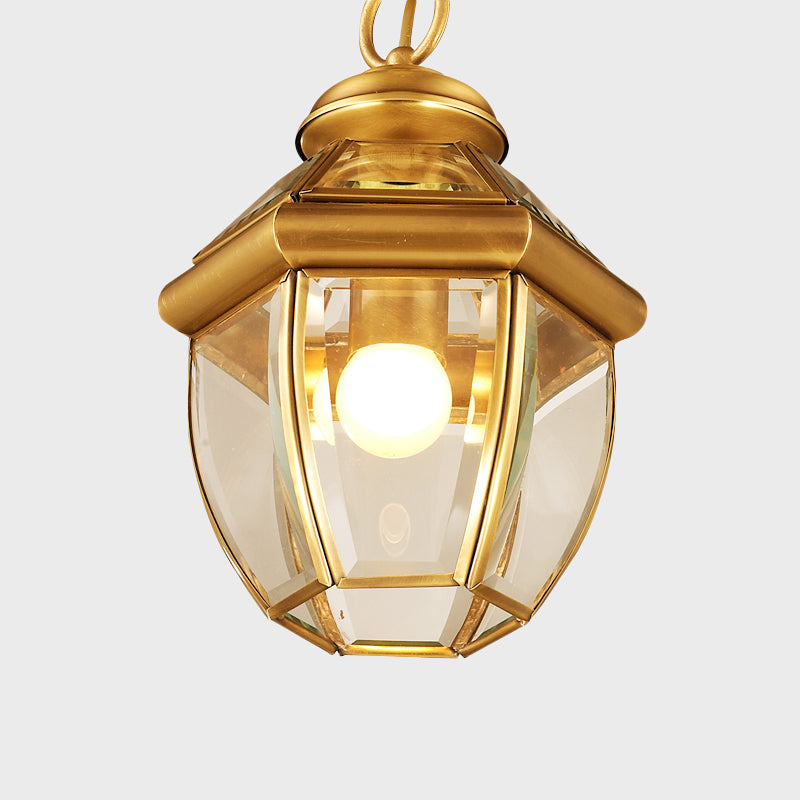 Gold Single Light Ceiling Lamp Antiqued Clear Glass Lantern Down Lighting Pendant for Corridor