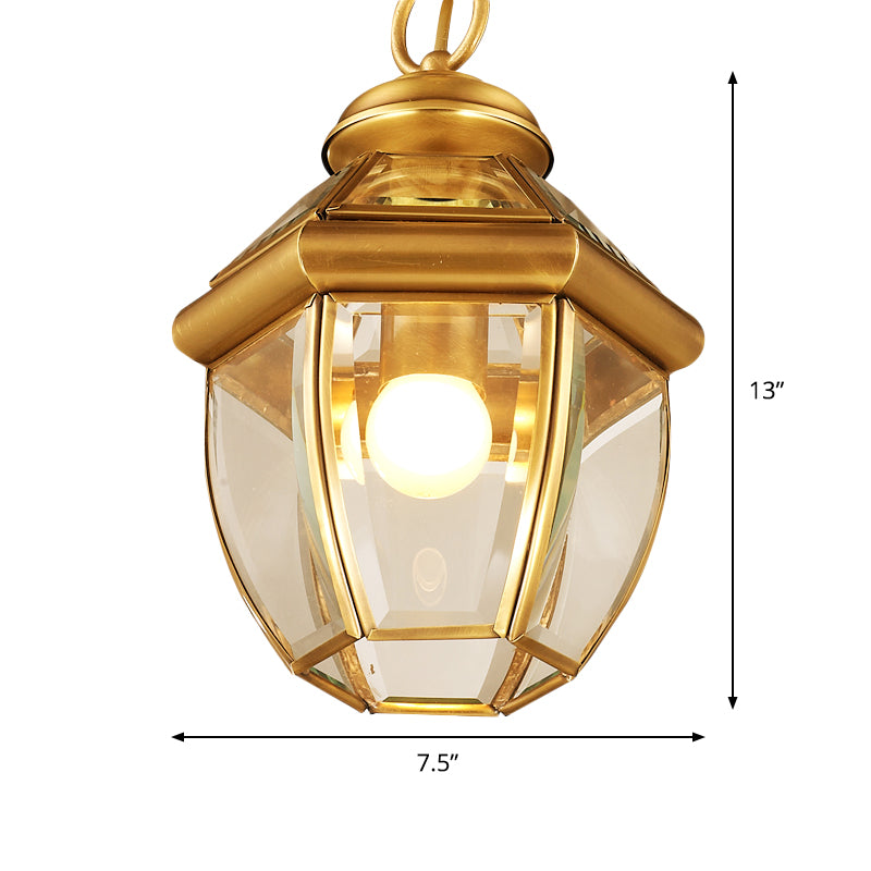 Gold Single Light Ceiling Lamp Antiqued Clear Glass Lantern Down Lighting Pendant for Corridor