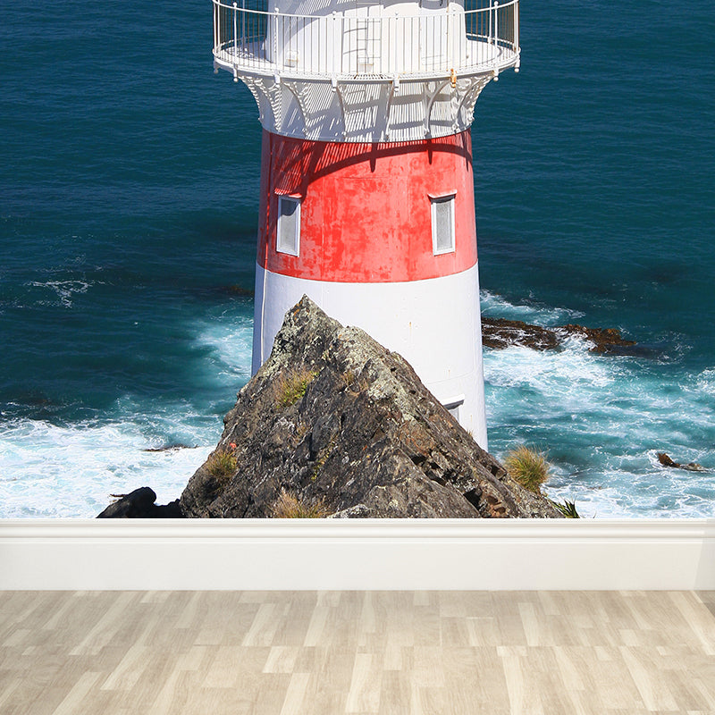 Full Size Photography Coastal Mural Wallpaper with Seaside Lighthouse Scenery in Blue