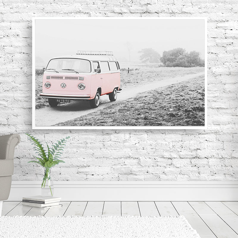 Bus on the Road Art Print in Pink Contemporary Wall Decoration for House Interior