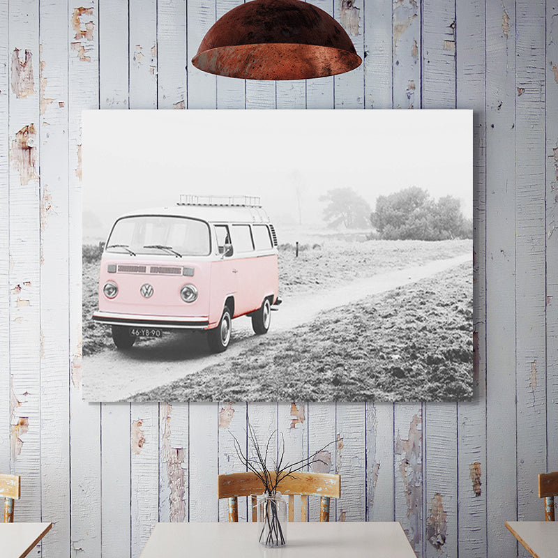 Bus on the Road Art Print in Pink Contemporary Wall Decoration for House Interior