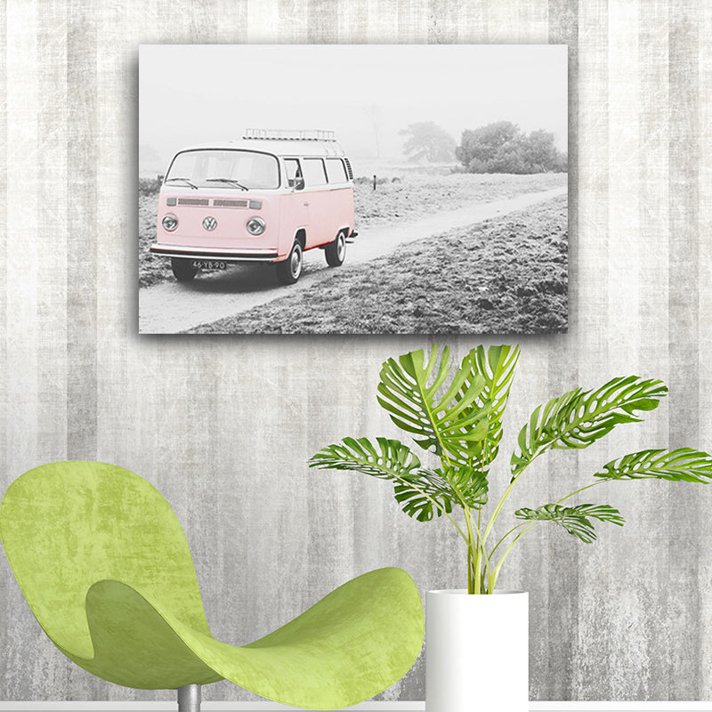 Bus on the Road Art Print in Pink Contemporary Wall Decoration for House Interior