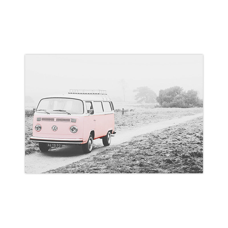 Bus on the Road Art Print in Pink Contemporary Wall Decoration for House Interior