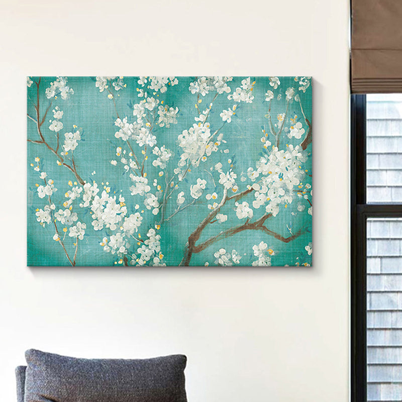 Blossoming Plum Tree Wall Art Traditional Canvas Painting in White on Blue for Bedroom