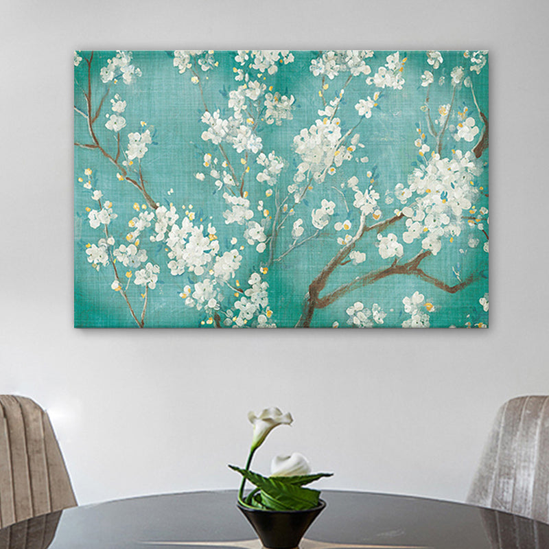 Blossoming Plum Tree Wall Art Traditional Canvas Painting in White on Blue for Bedroom