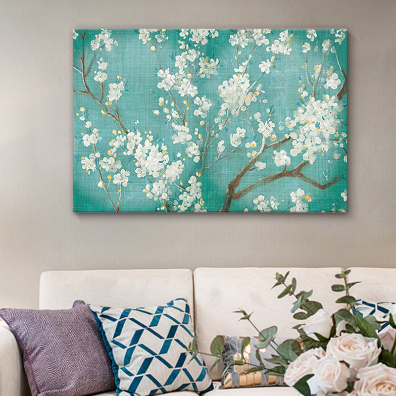 Blossoming Plum Tree Wall Art Traditional Canvas Painting in White on Blue for Bedroom