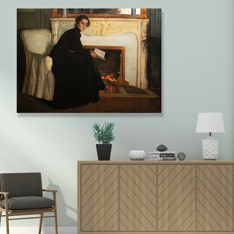 Traditional Style Canvas Pastel Color Girl and Fireplace Painting, Multiple Sizes