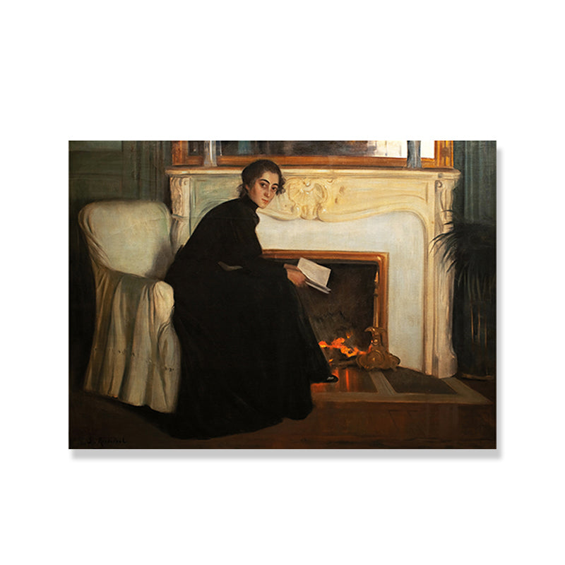 Traditional Style Canvas Pastel Color Girl and Fireplace Painting, Multiple Sizes