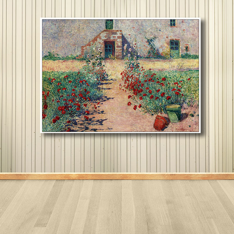 French Country Canvas Art Green House Front Flower Lane Painting for Living Room