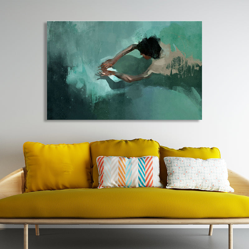 Green Pool and Swimmer Canvas Textured Surface Modern Living Room Wall Art